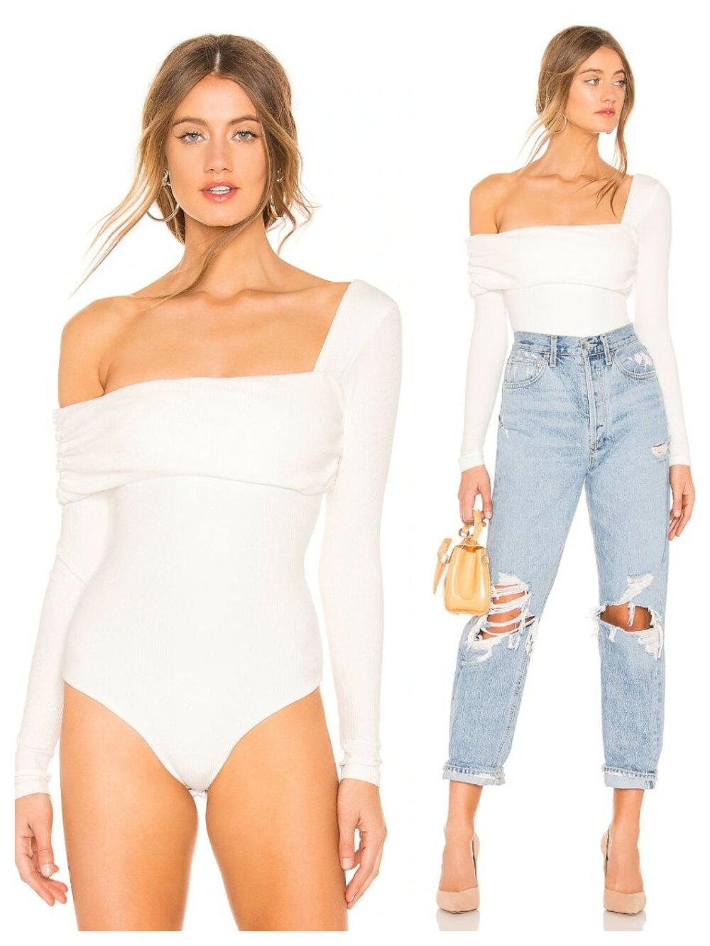 Revolve Lovers + Friends Florence White Knit Long Sleeve Off Shoulder Bodysuit